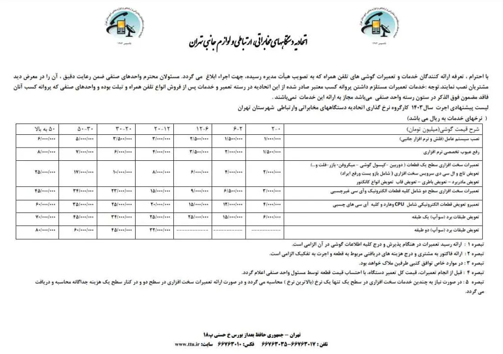 لیست اجرت خدمات پس از فروش خارج از گارانتی